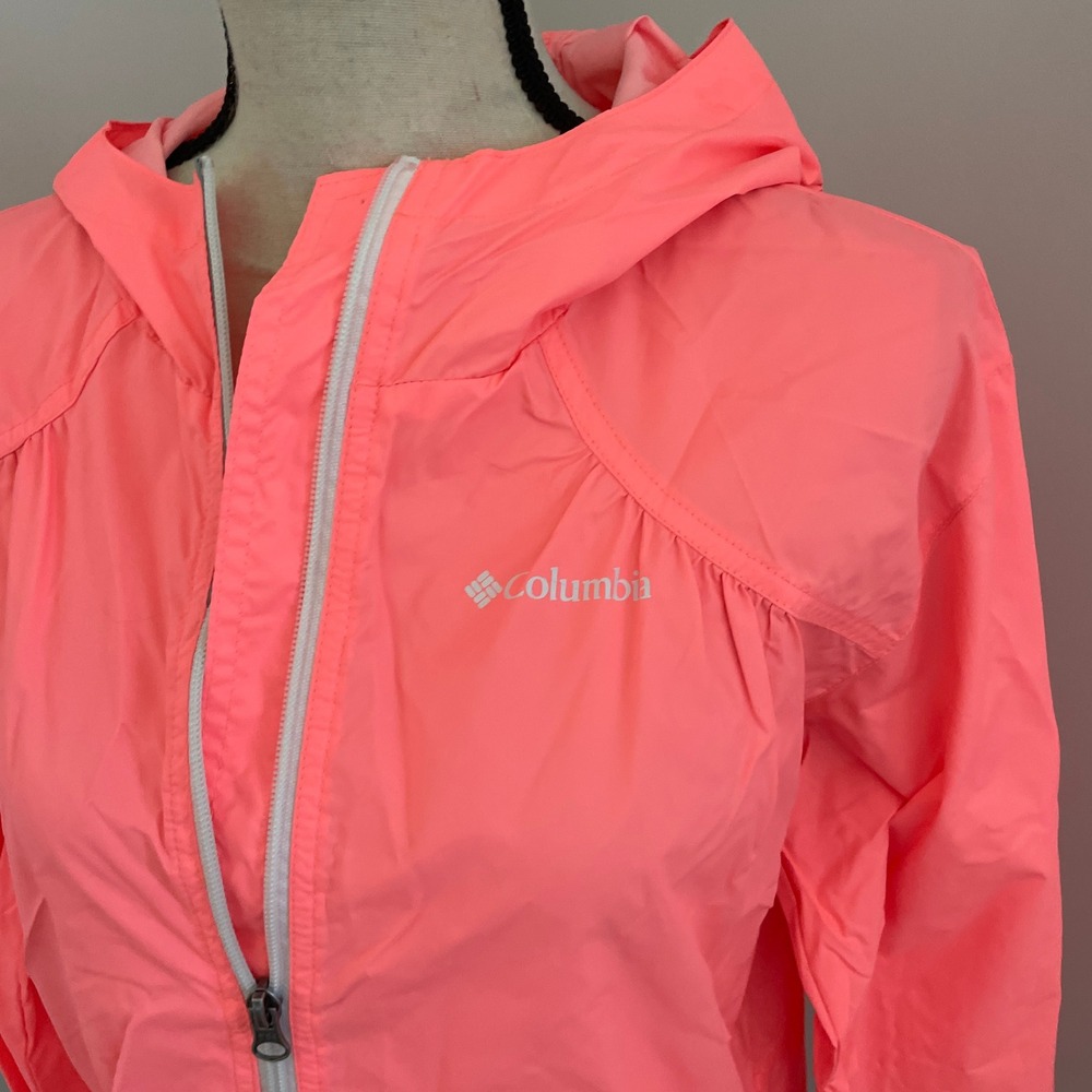 Columbia Hooded Lightweight Rain Jacket size XL Neon Pink Windbreaker Shell Y2K - Picture 4 of 12